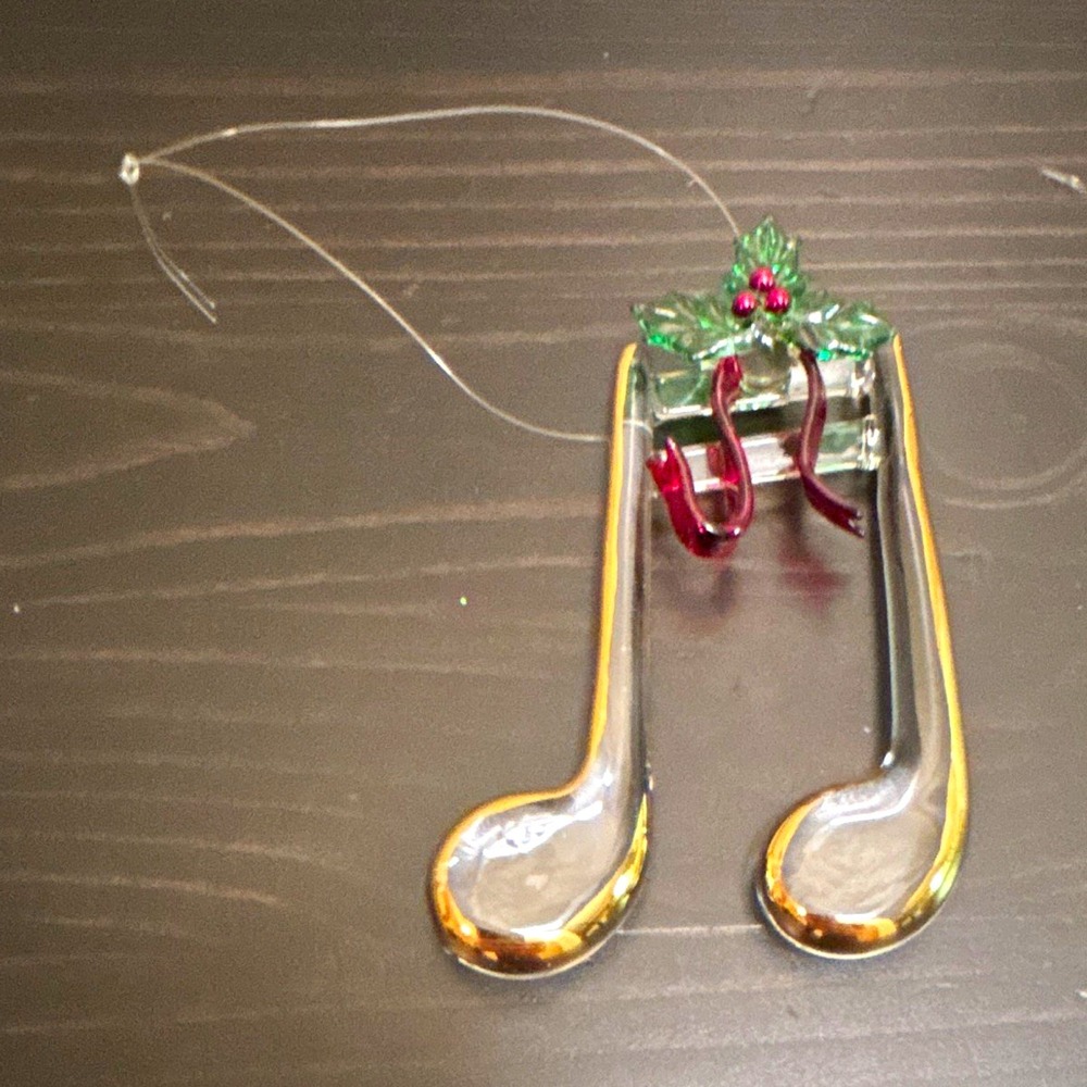 Glass Music Note Christmas Hanging Ornament Holly Leaves Red Berries Clear Gold